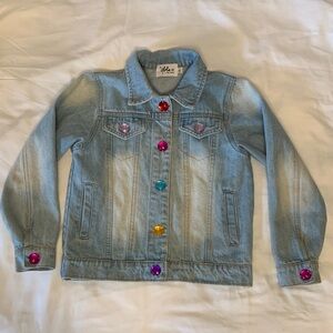 Lola + The Boys Light Wash Denim Jacket with Color Gem Buttons and Unicorn